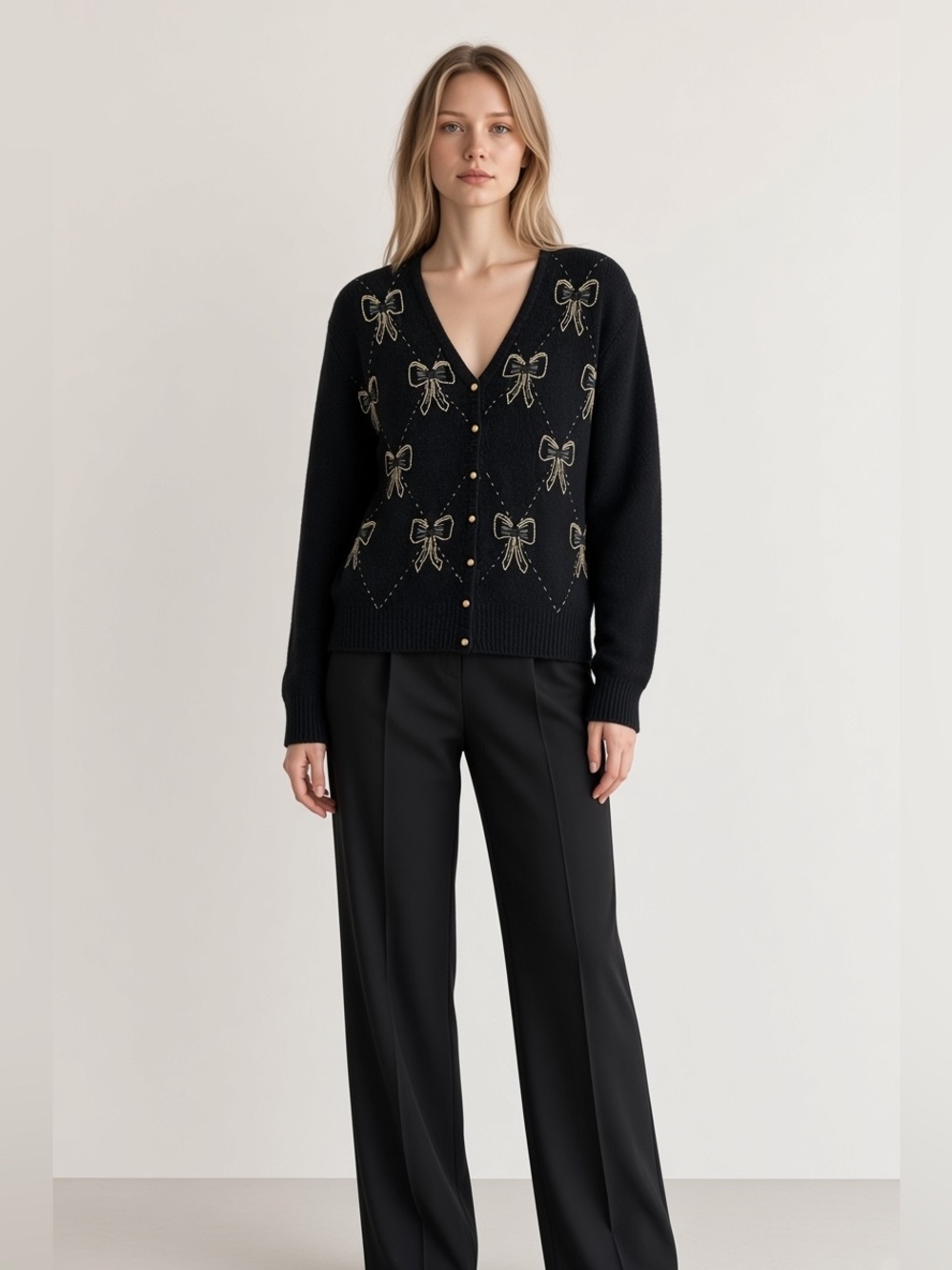 Vintage 90s Karen Scott Silk Angora Bow Cardigan Black Gold Beaded Coquette L